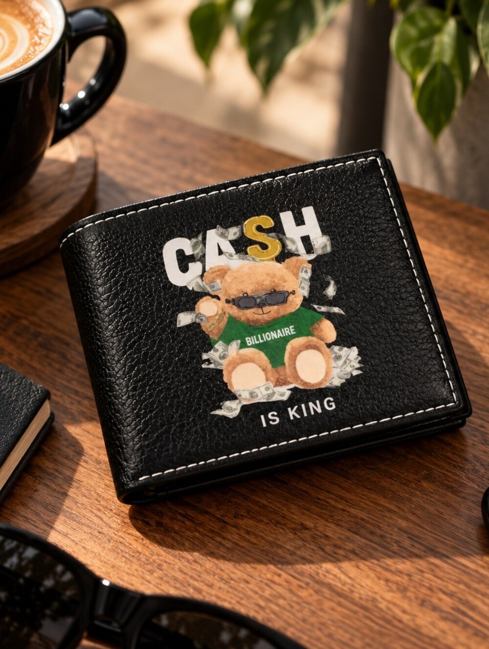 Tems Black Leather Wallet with Bear Cash Graphic
